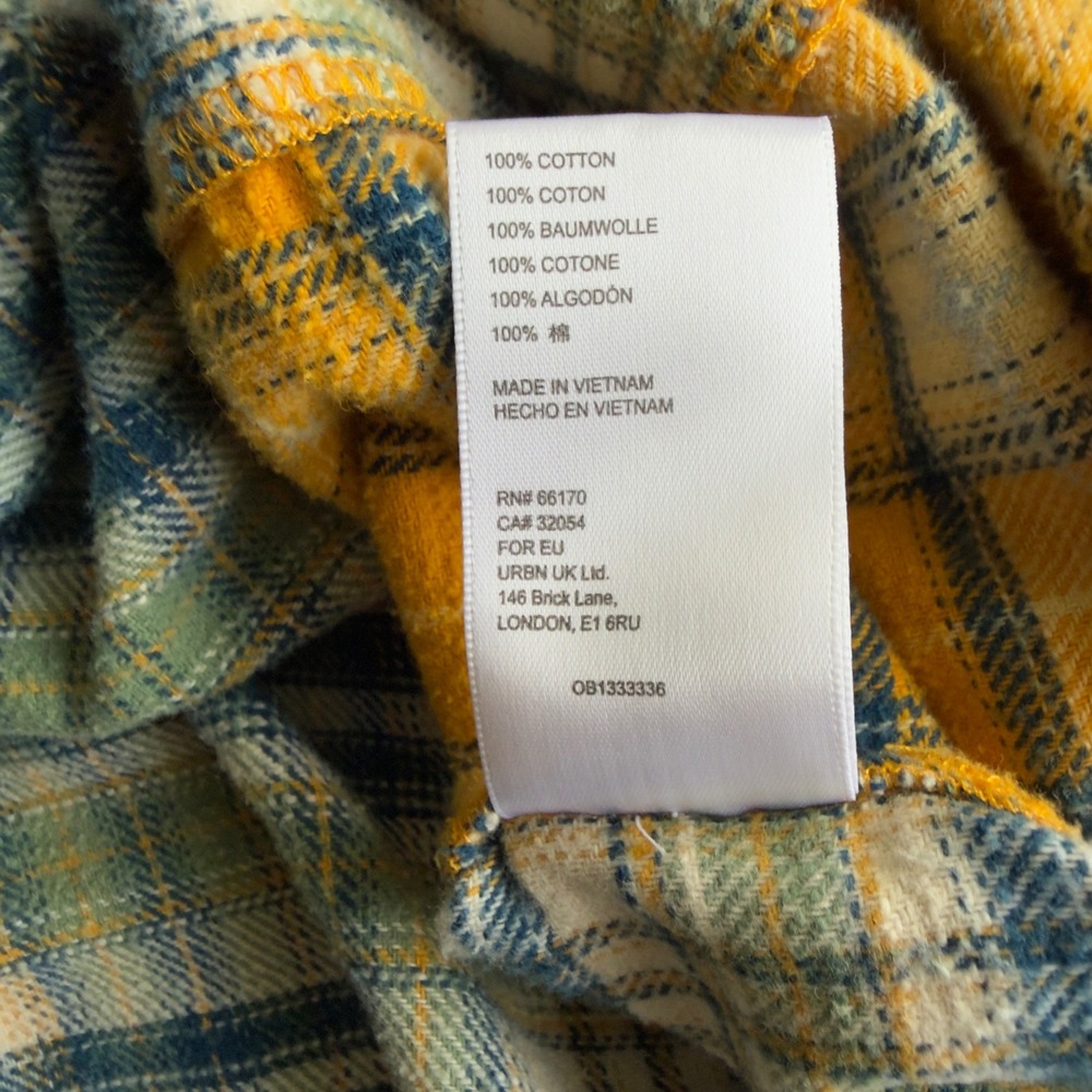 BDG Mixed Plaid Patchwork Oversized Flannel Shirt Womens Medium Yellow Pink Boho - Picture 7 of 12